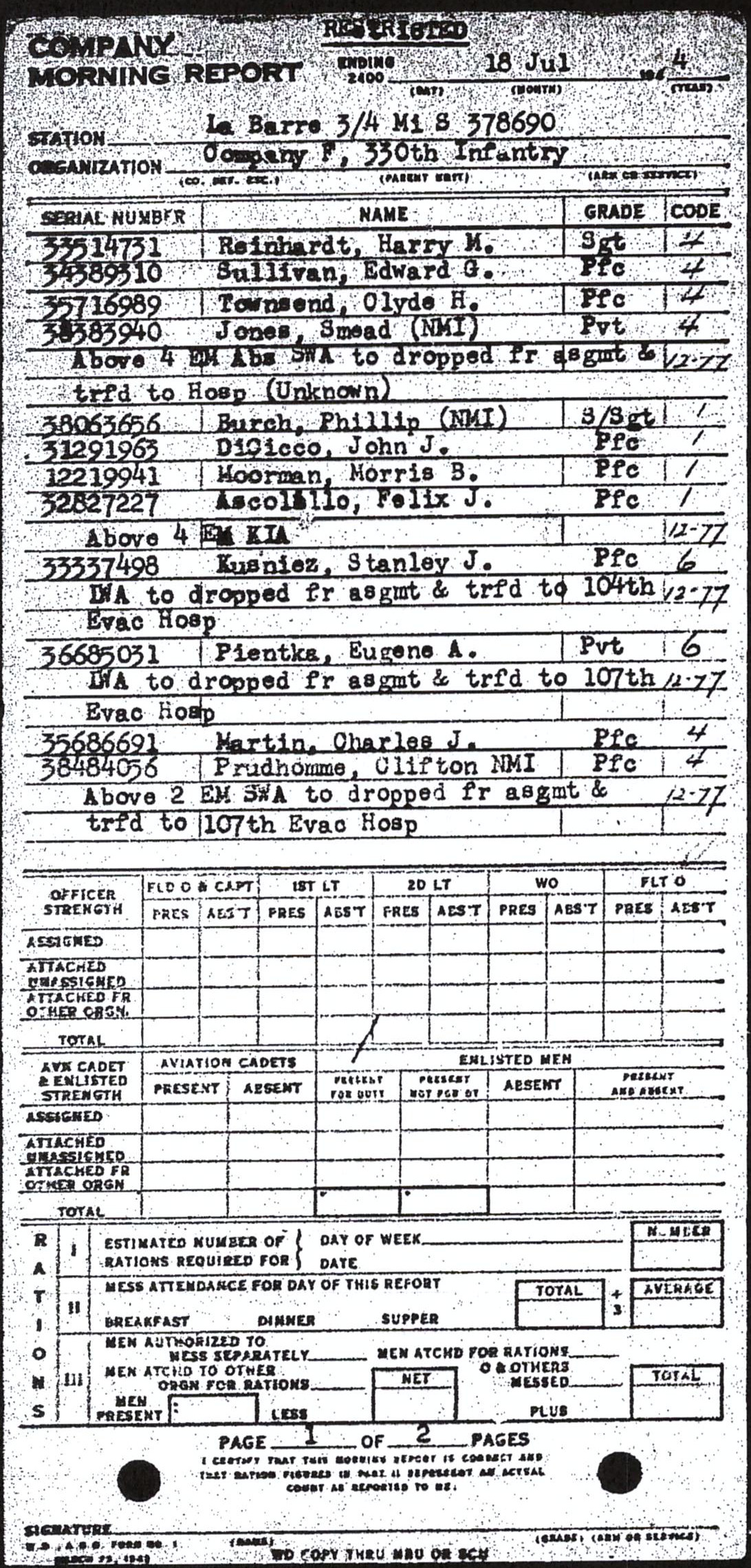 Morning report F Co, 1944-07-18, page 1 Morning report