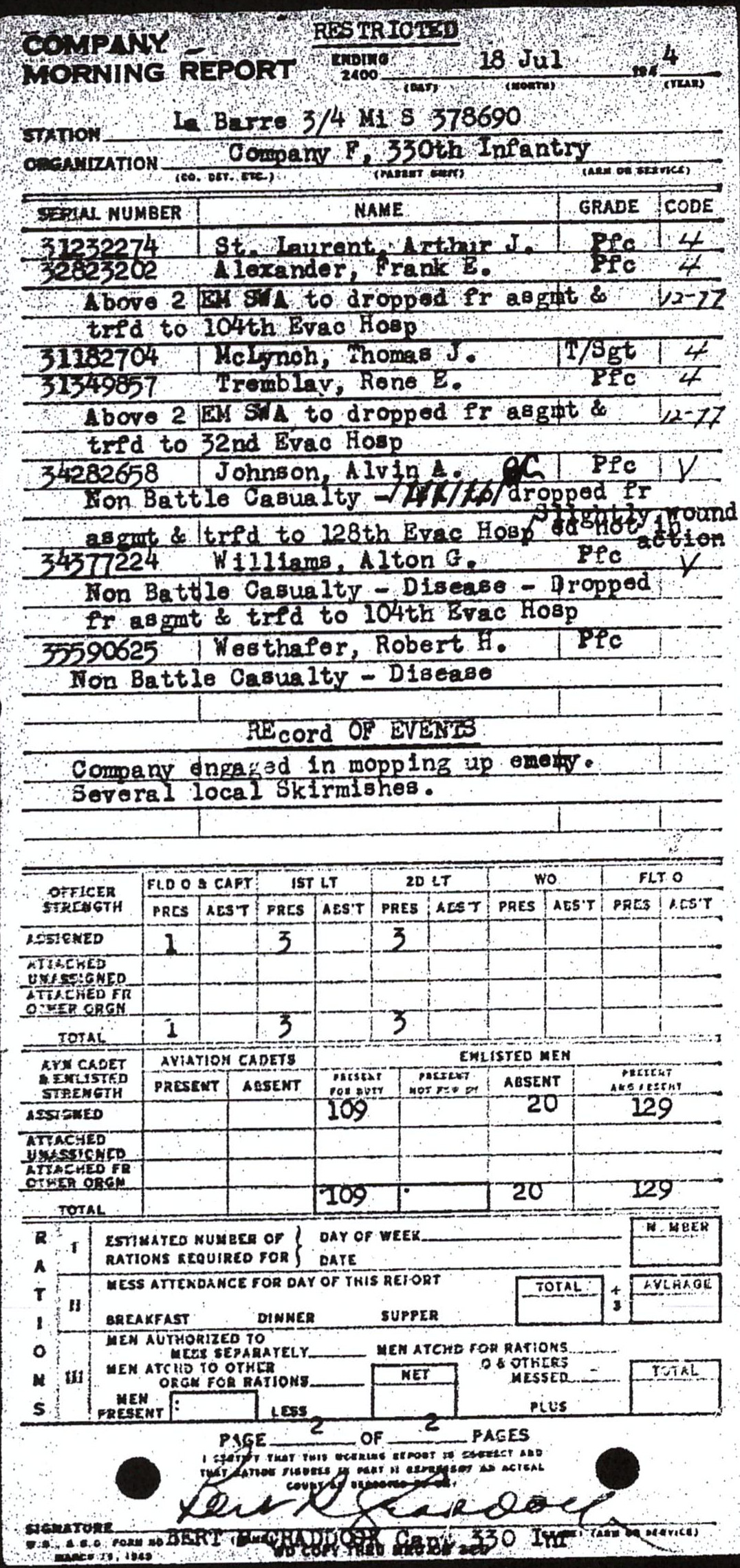 Morning report F Co, 1944-07-18, page 2 Morning report