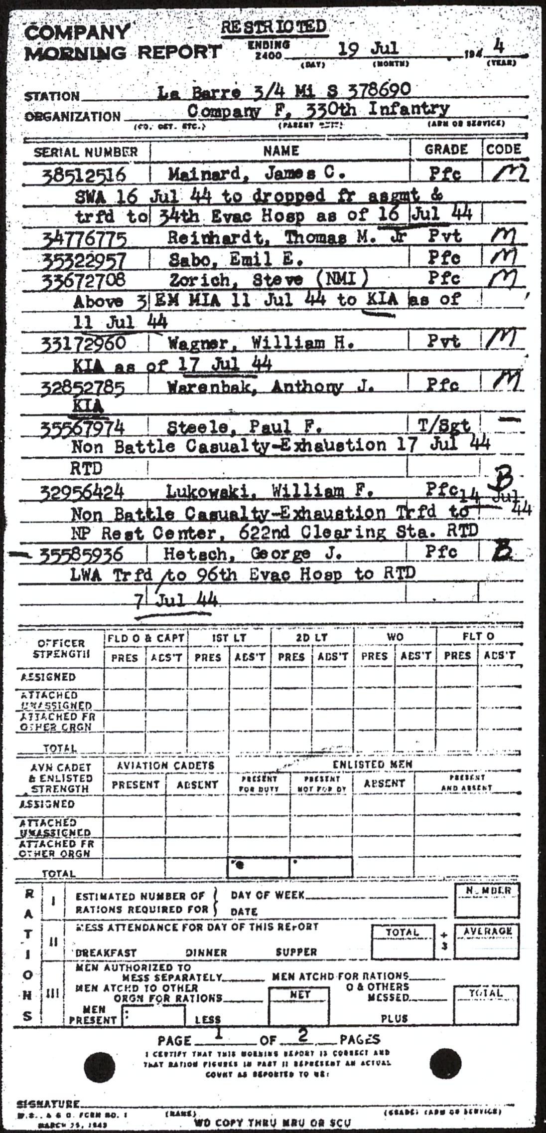Morning report F Co, 1944-07-19, page 1 Morning report