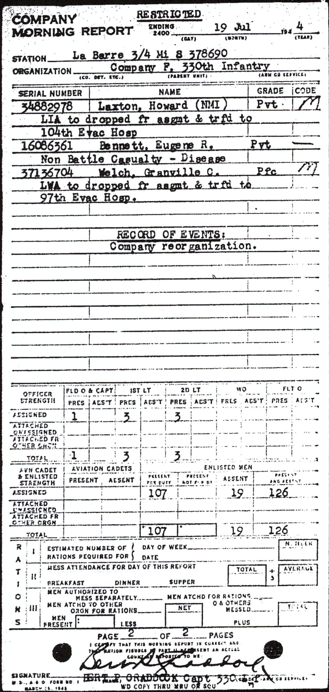 Morning report F Co, 1944-07-19, page 2 Morning report