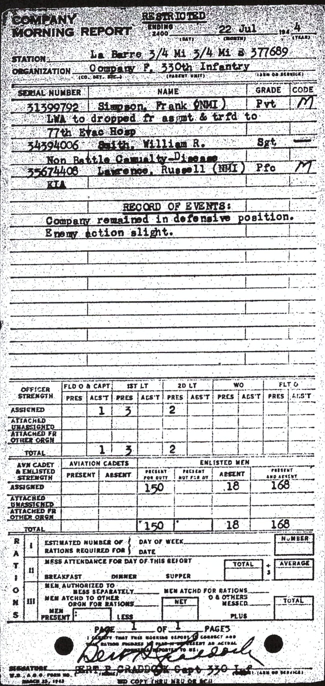 Morning report F Co, 1944-07-22, page 1 Morning report