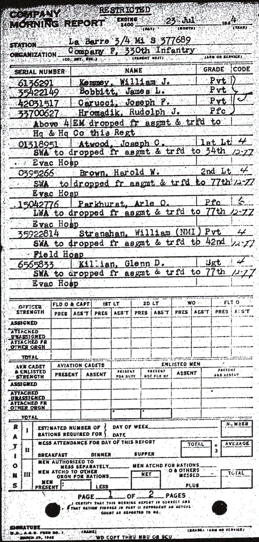 Morning report F Co, 1944-07-23, page 1 Morning report
