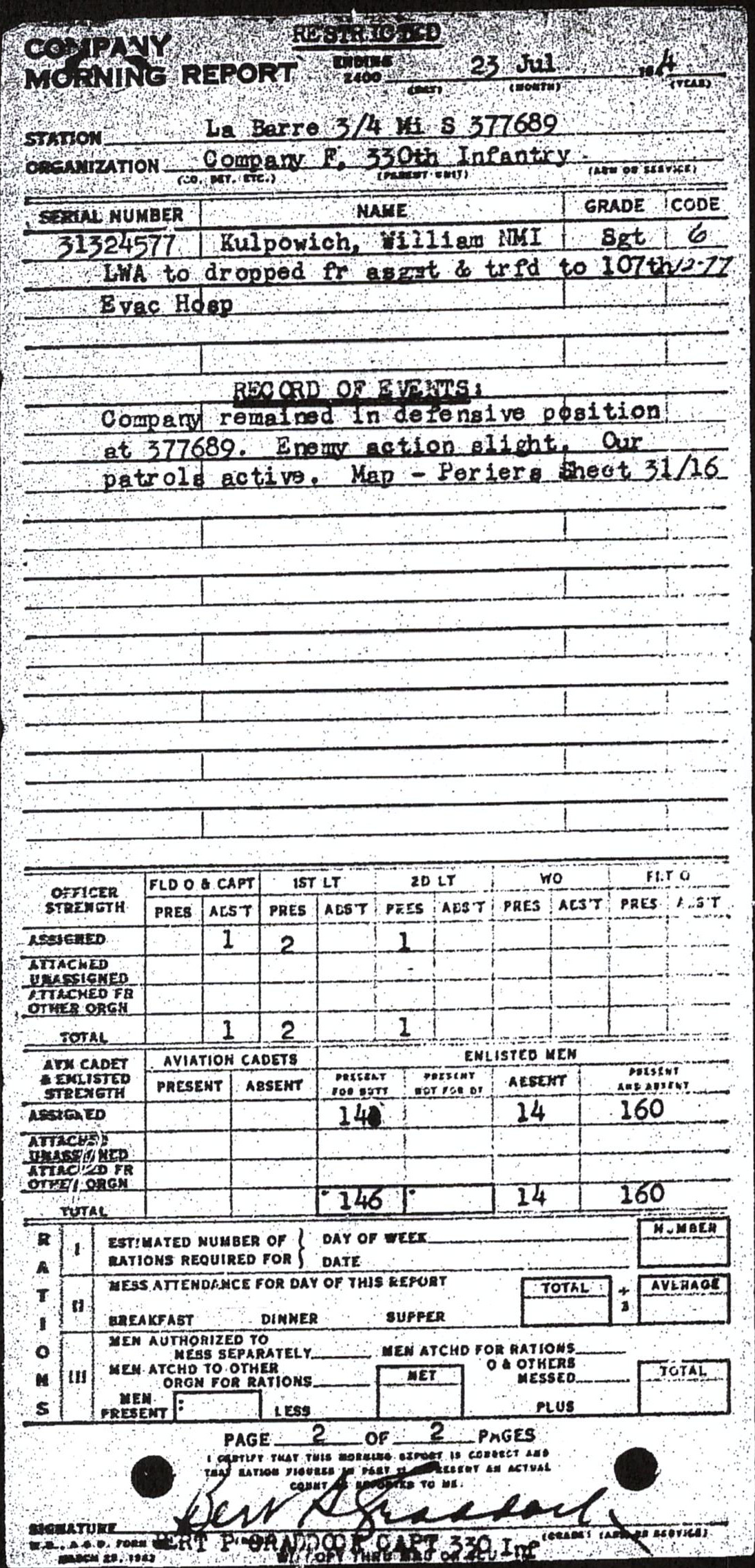 Morning report F Co, 1944-07-23, page 2 Morning report