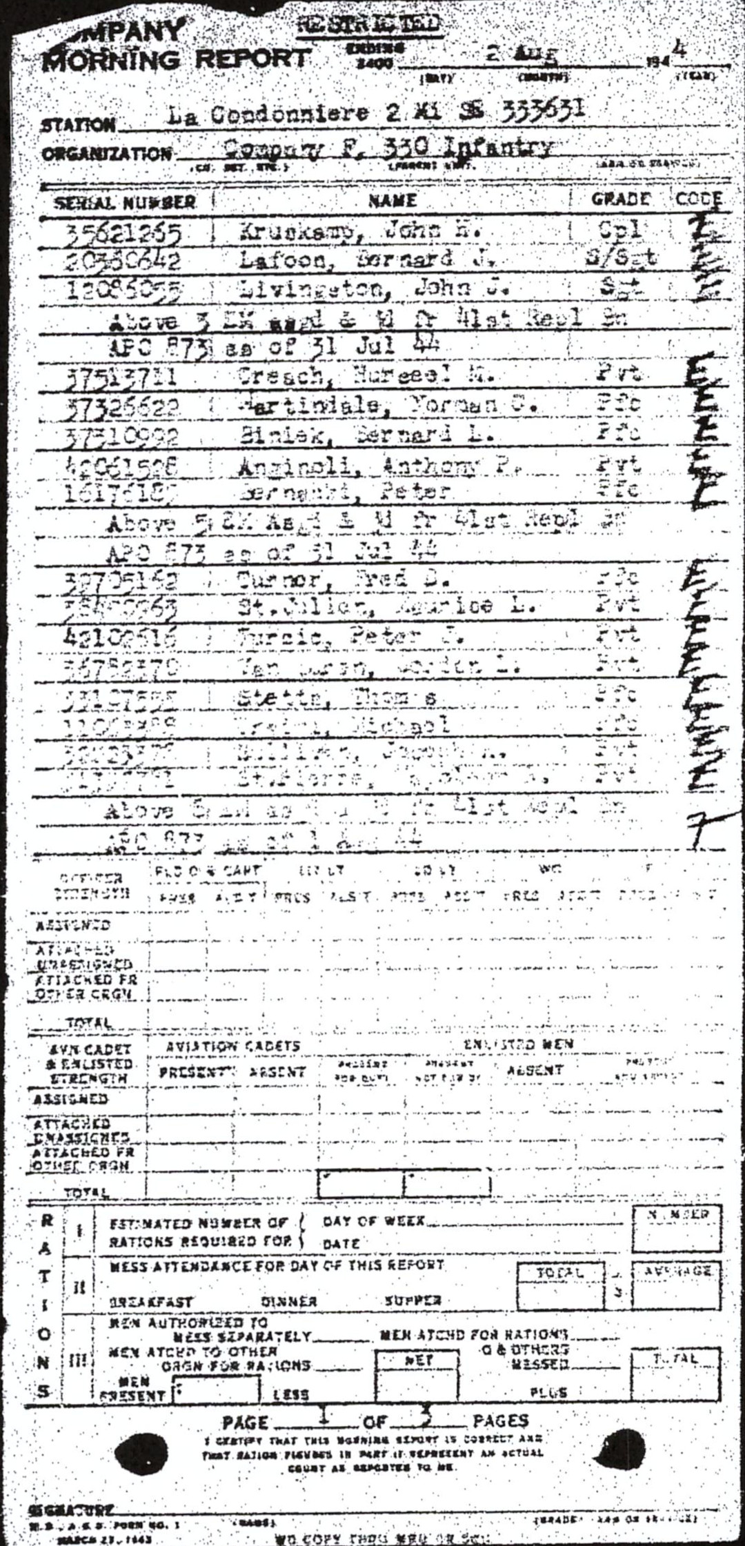 Morning report F Co, 1944-08-02, page 1 Morning report