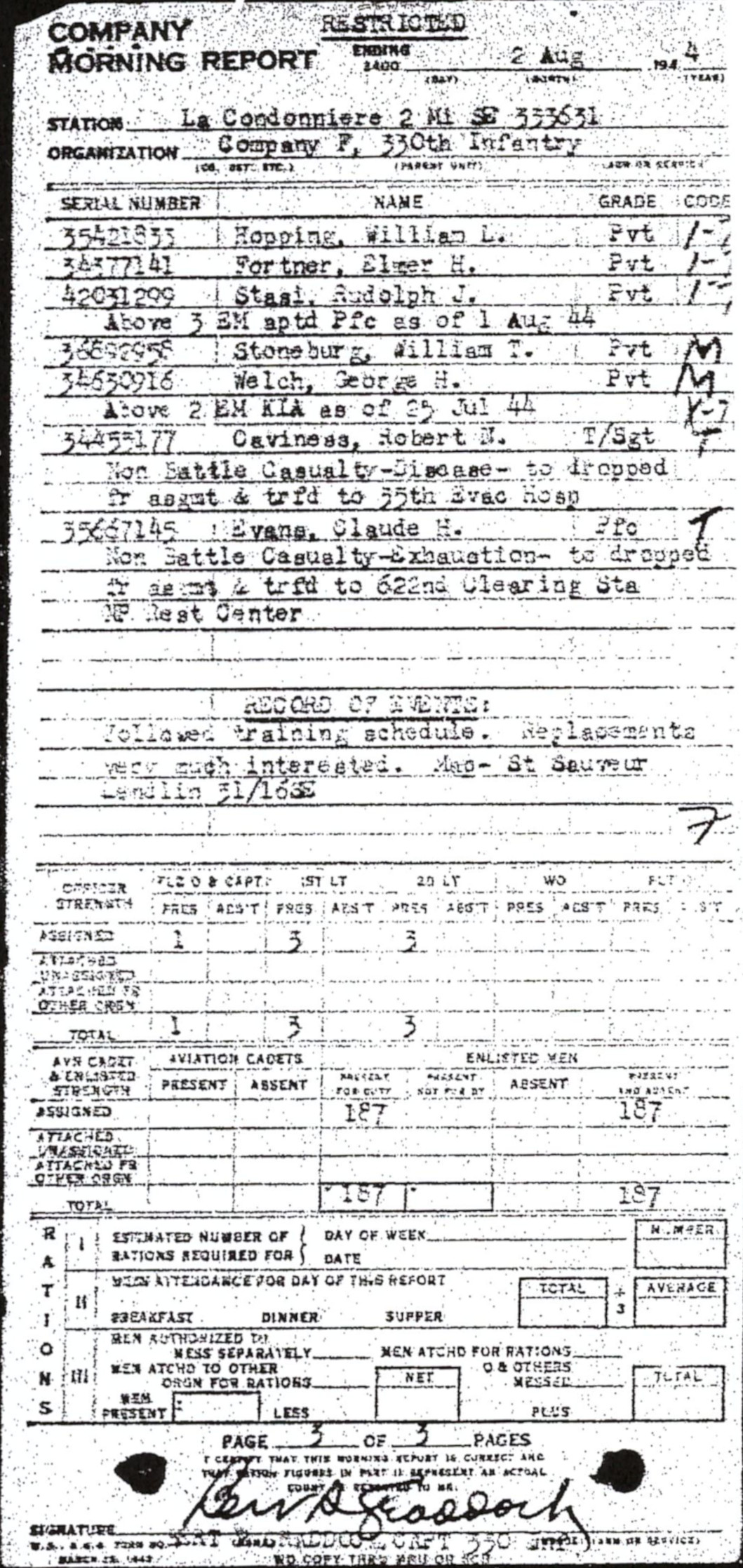 Morning report F Co, 1944-08-02, page 3 Morning report