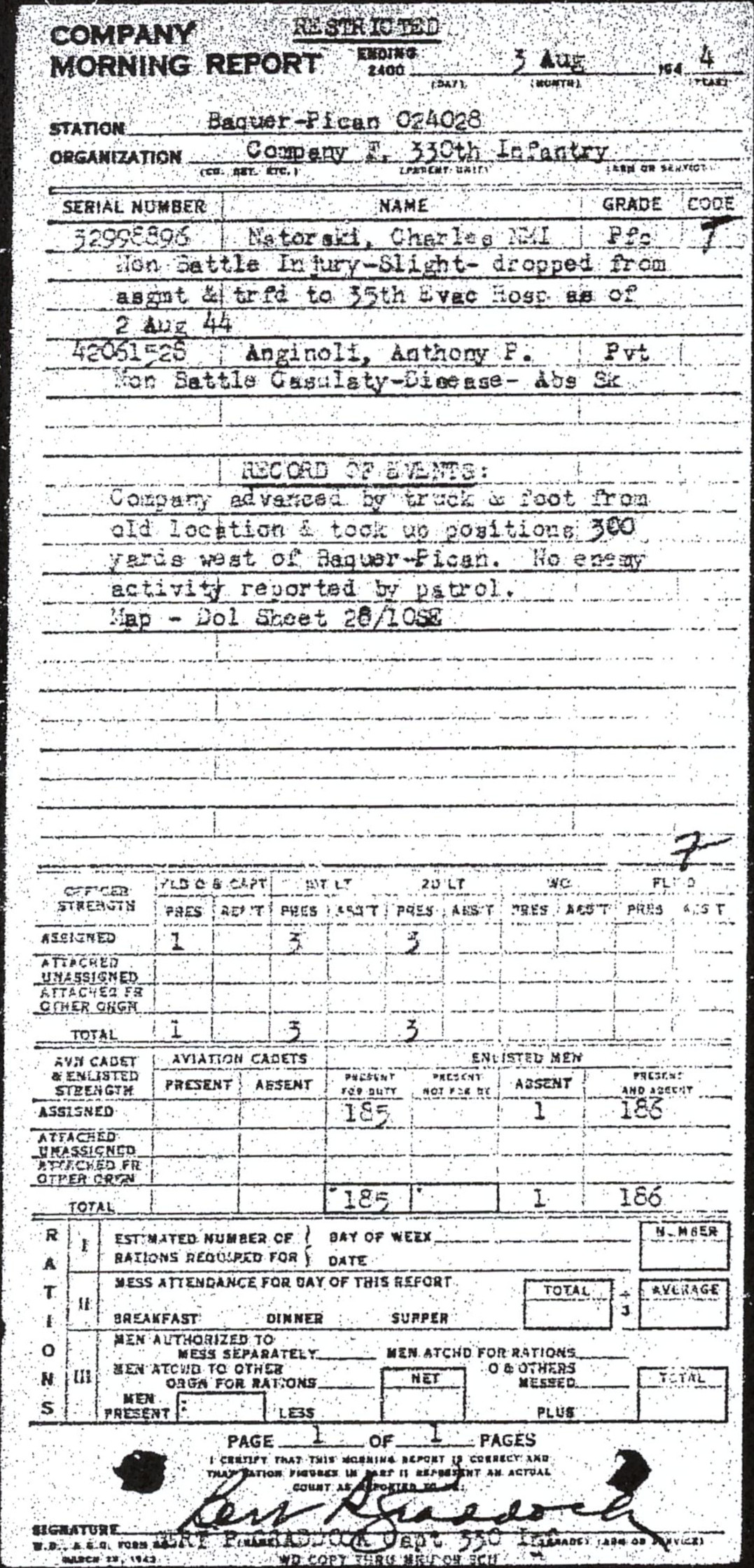 Morning report F Co, 1944-08-03, page 1 Morning report