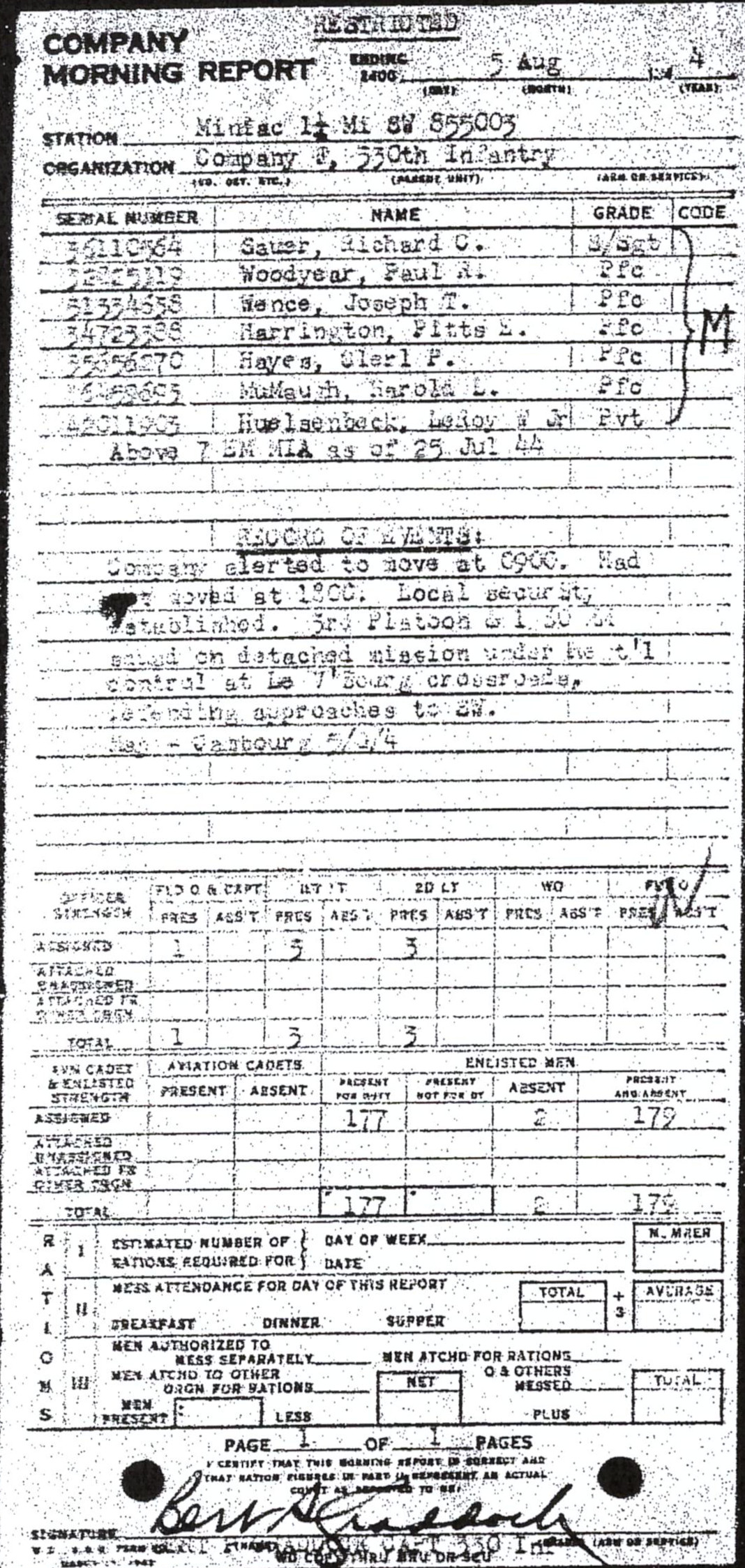 Morning report F Co, 1944-08-05, page 1 Morning report