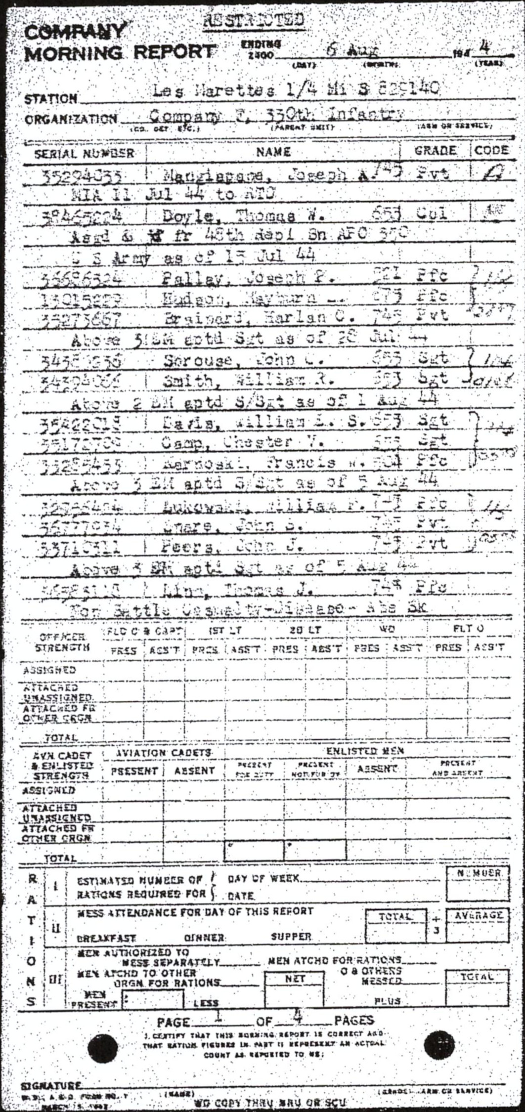 Morning report F Co, 1944-08-06, page 1 Morning report