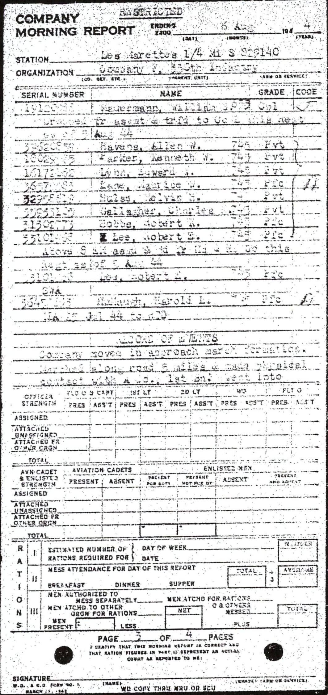 Morning report F Co, 1944-08-06, page 3 Morning report