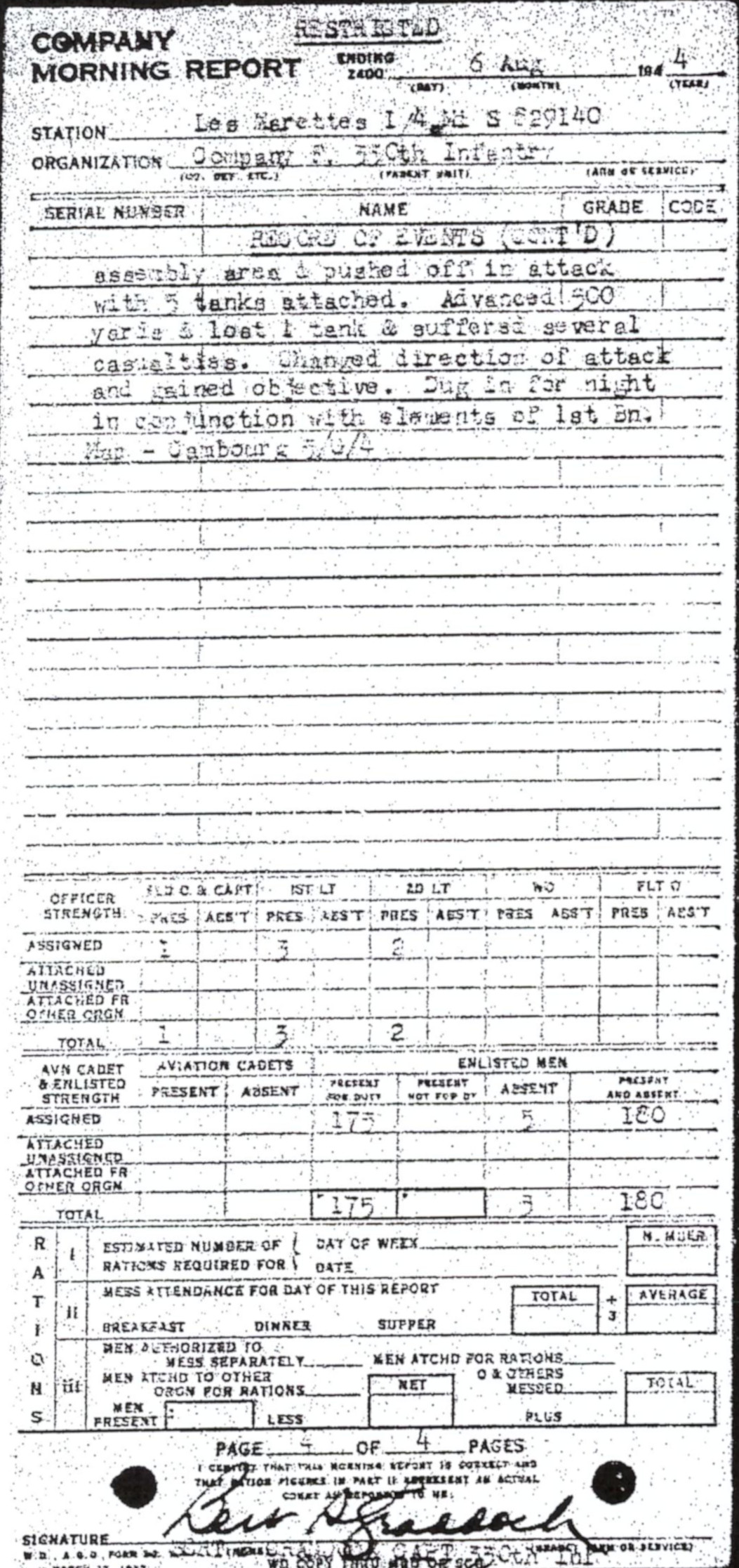 Morning report F Co, 1944-08-06, page 4 Morning report