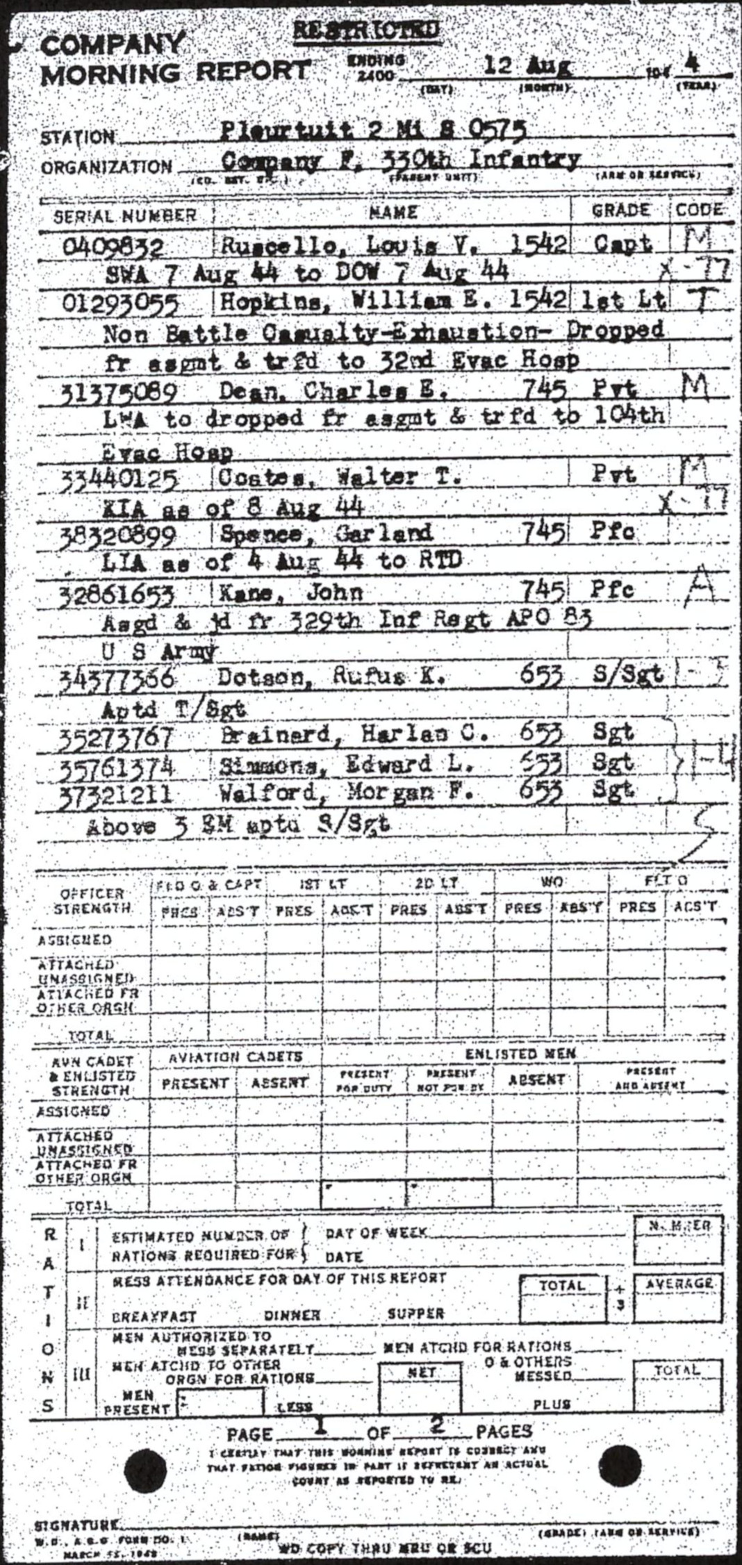 Morning report F Co, 1944-08-12, page 1 Morning report