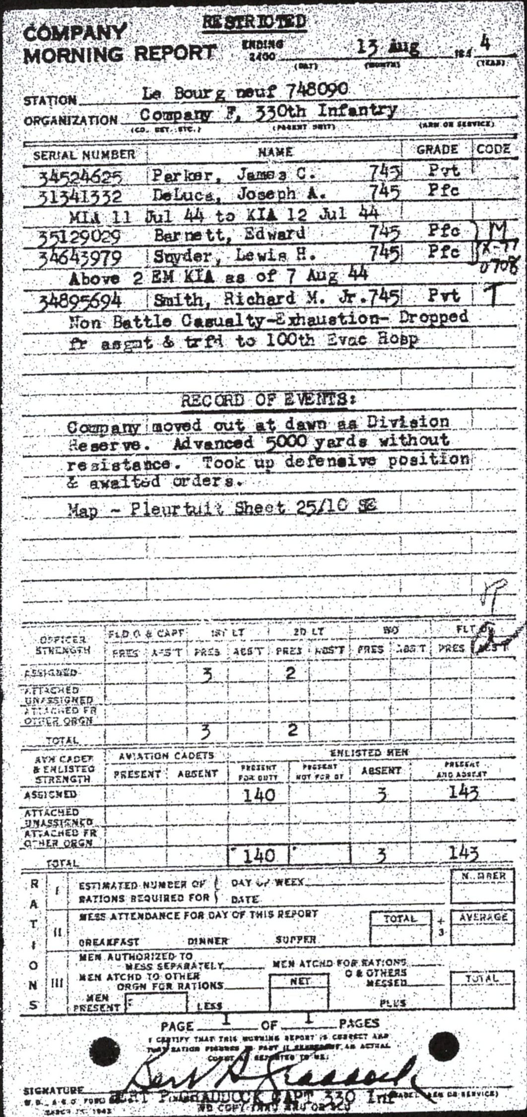 Morning report F Co, 1944-08-13, page 1 Morning report