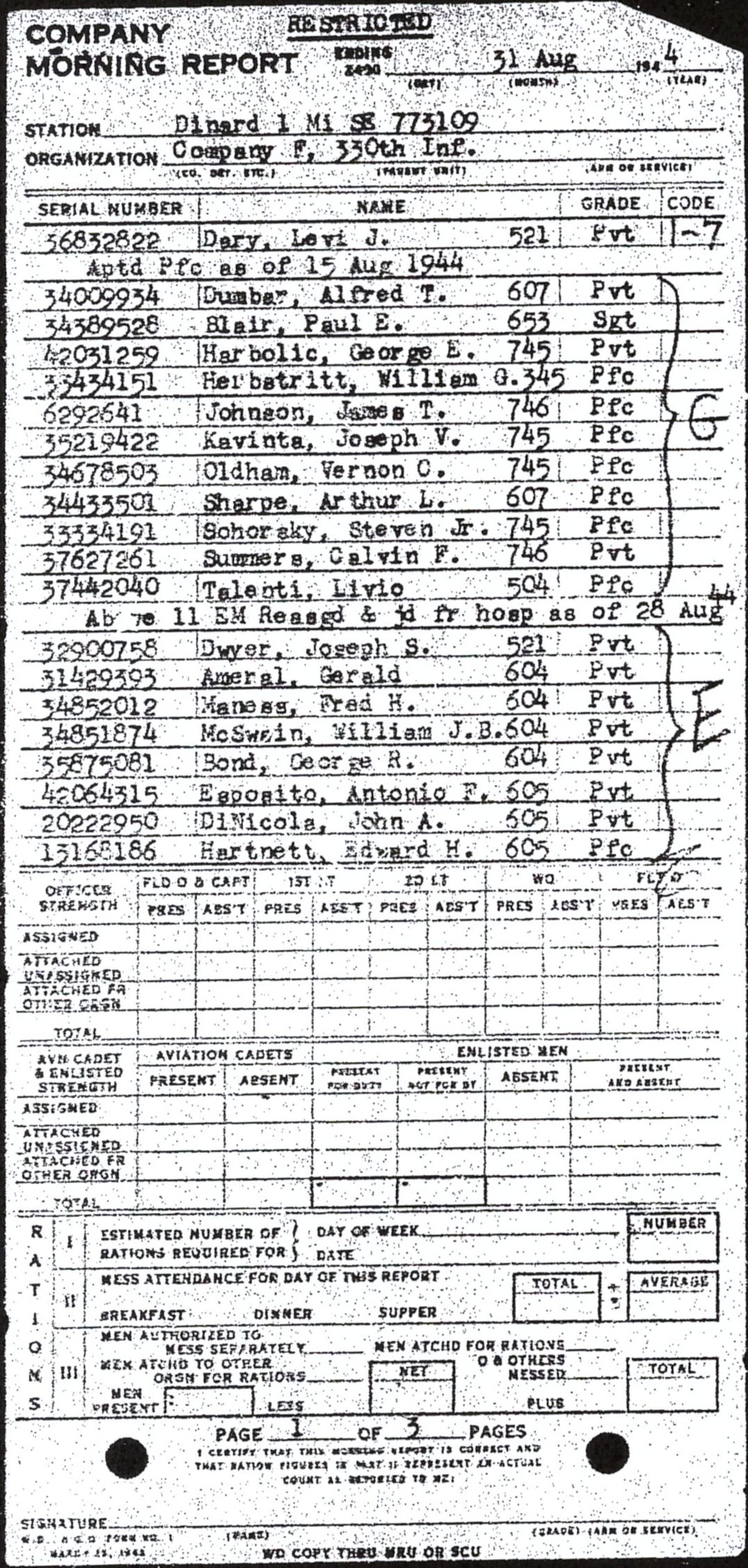 Morning report F Co, 1944-08-31, page 1 Morning report