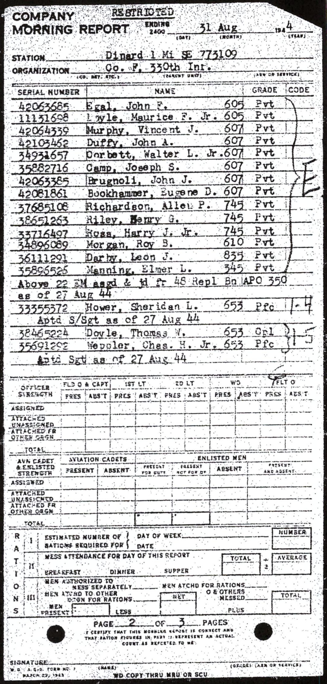 Morning report F Co, 1944-08-31, page 2 Morning report