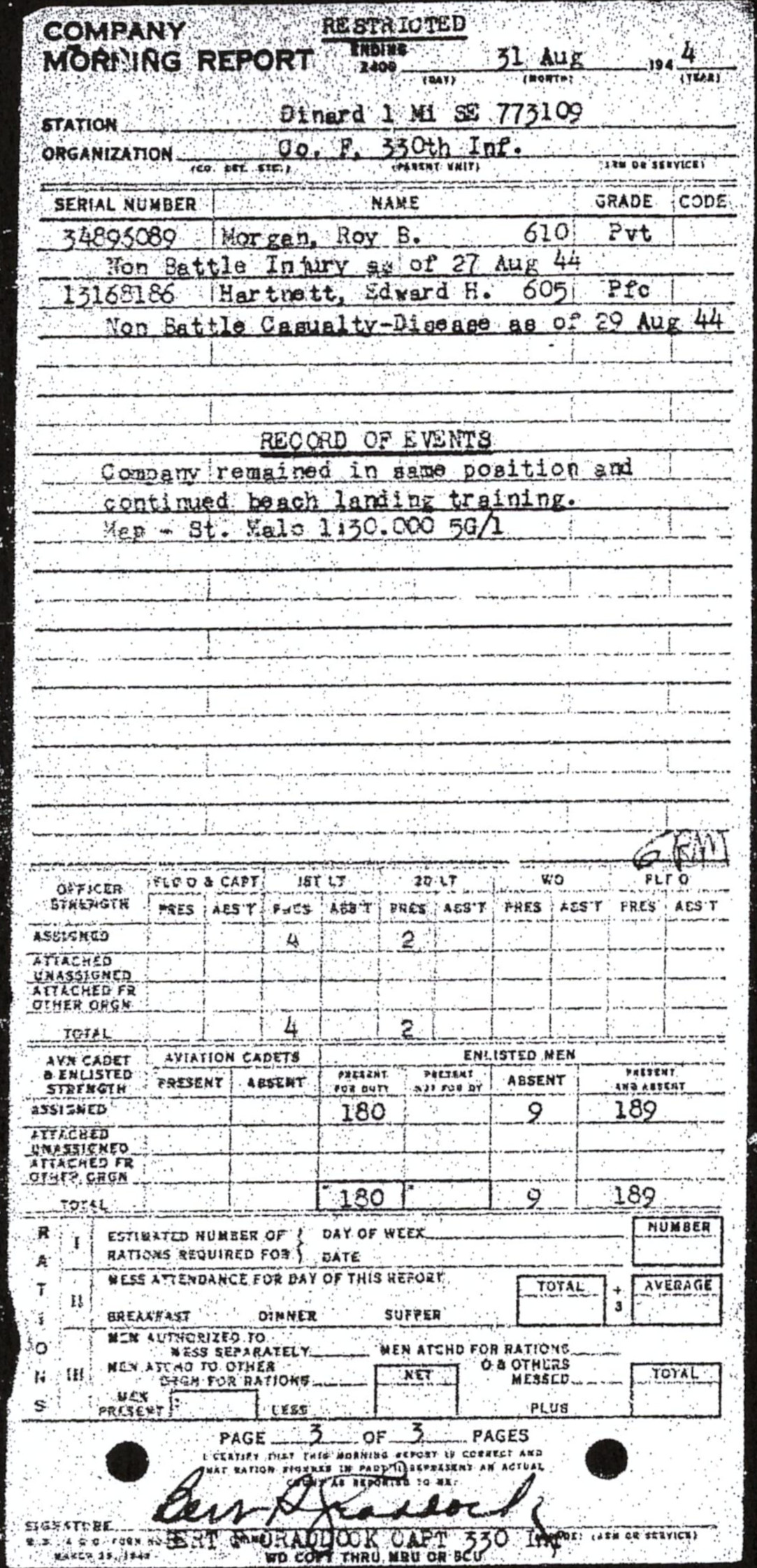 Morning report F Co, 1944-08-31, page 3 Morning report