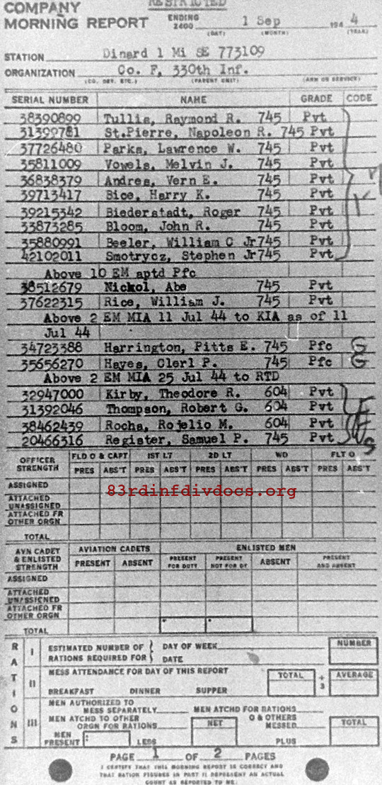 Morning report F Co, 1944-09-01, page 1 Morning report