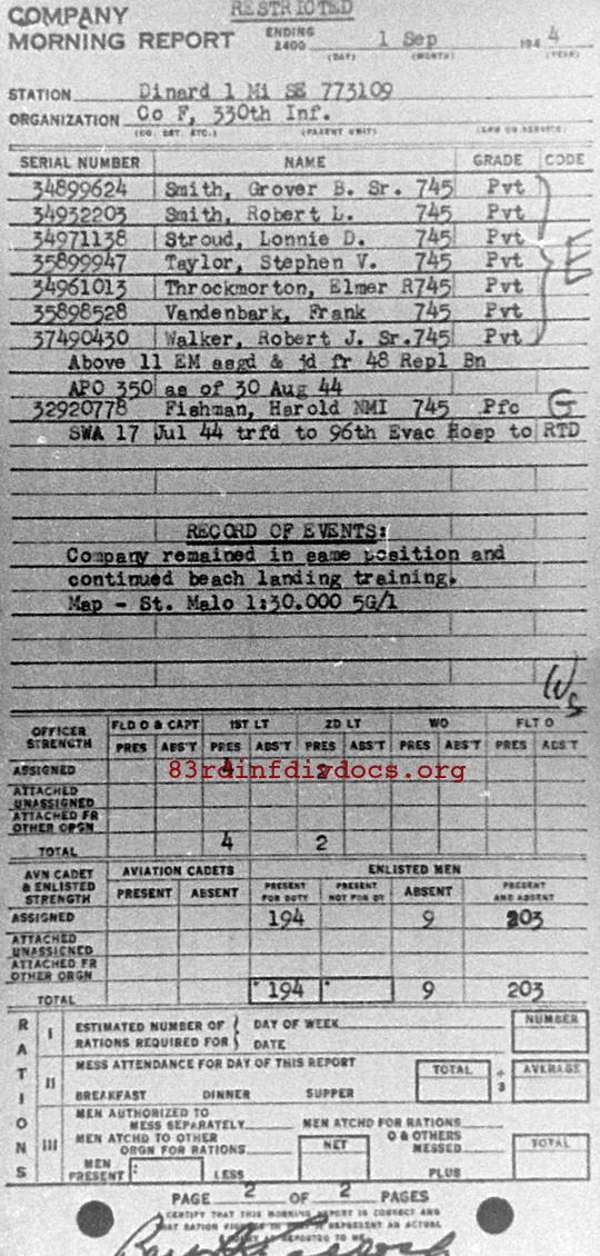 Morning report F Co, 1944-09-01, page 2 Morning report