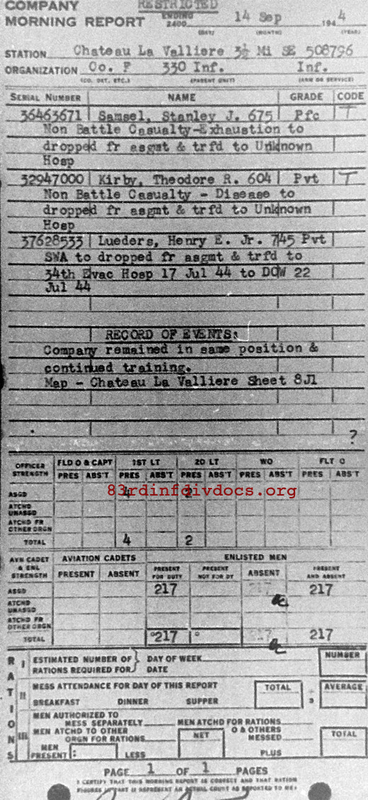 Morning report F Co, 1944-09-14, page 1 Morning report