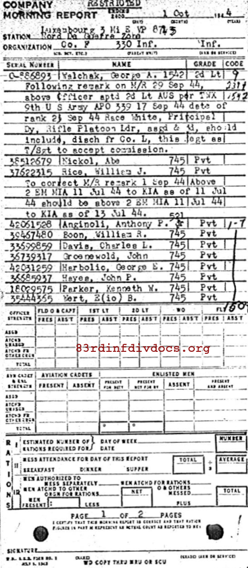 Morning report F Co, 1944-10-01, page 1 Morning report