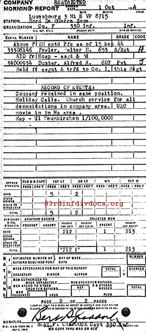 Morning report F Co, 1944-10-01, page 2 Morning report