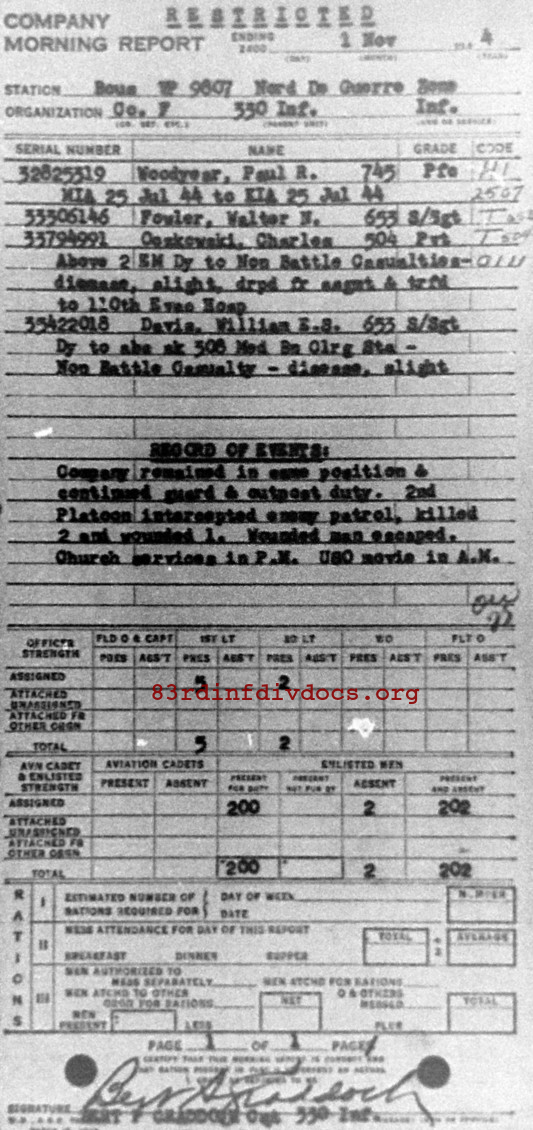 Morning report F Co, 1944-11-01, page 1 Morning report