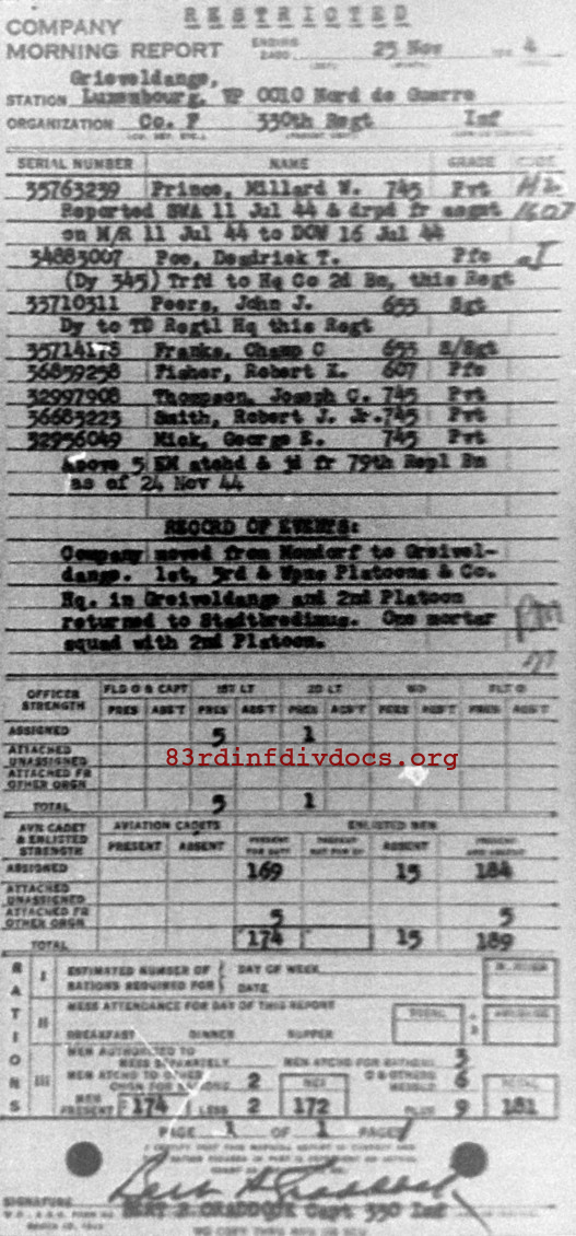 Morning report F Co, 1944-11-25, page 1 Morning report