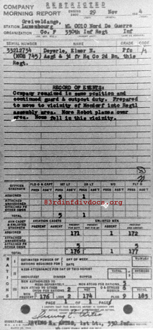 Morning report F Co, 1944-11-29, page 1 Morning report