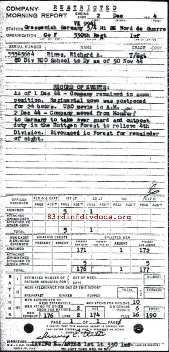 Morning report F Co, 1944-12-02, page 1 Morning report