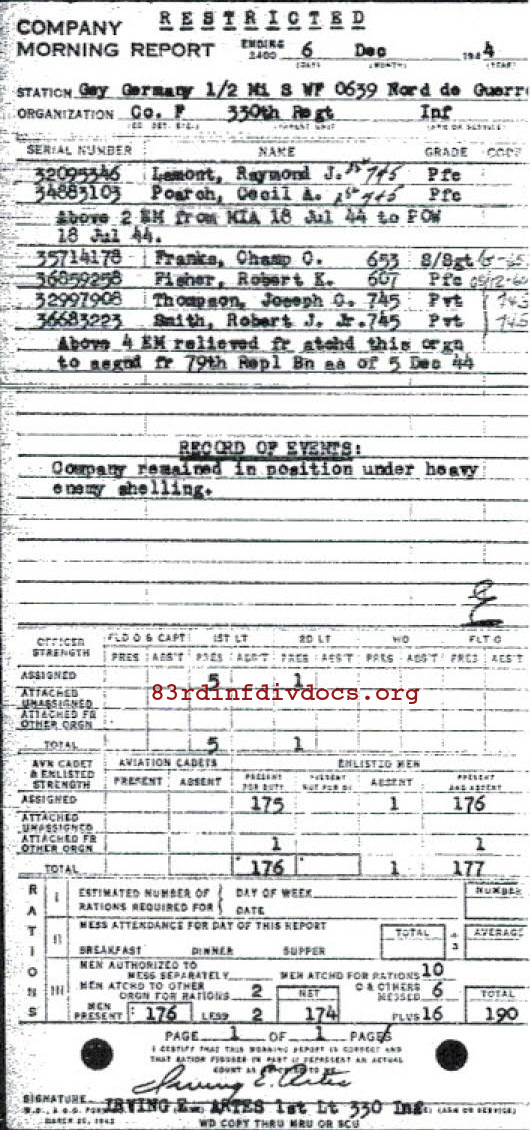 Morning report F Co, 1944-12-06, page 1 Morning report