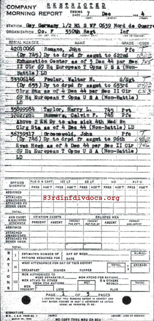 Morning report F Co, 1944-12-07, page 1 Morning report