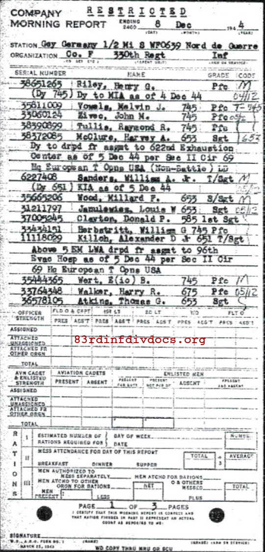 Morning report F Co, 1944-12-08, page 1 Morning report