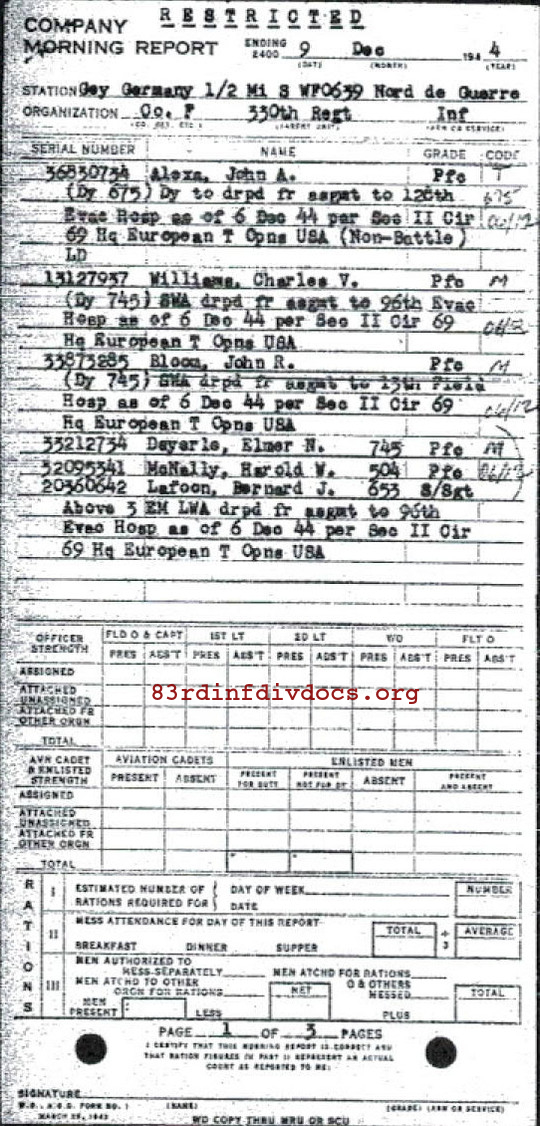 Morning report F Co, 1944-12-09, page 1 Morning report