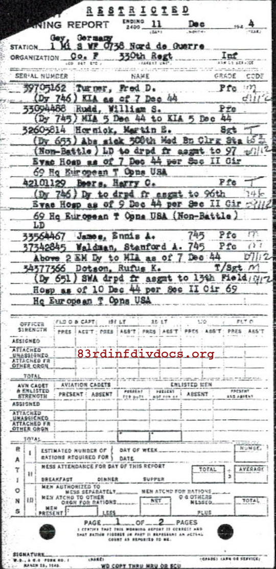 Morning report F Co, 1944-12-11, page 1 Morning report