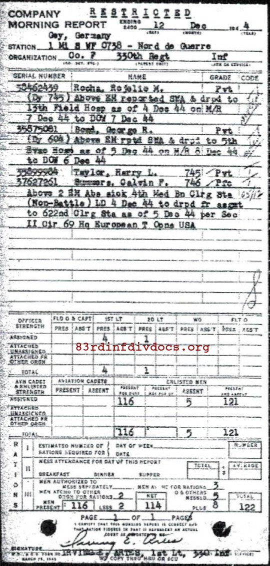 Morning report F Co, 1944-12-12, page 1 Morning report