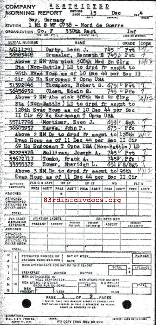 Morning report F Co, 1944-12-13, page 1 Morning report