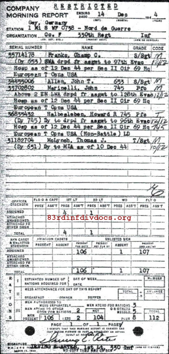 Morning report F Co, 1944-12-14, page 1 Morning report