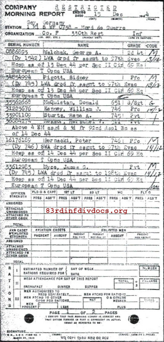 Morning report F Co, 1944-12-15, page 1 Morning report