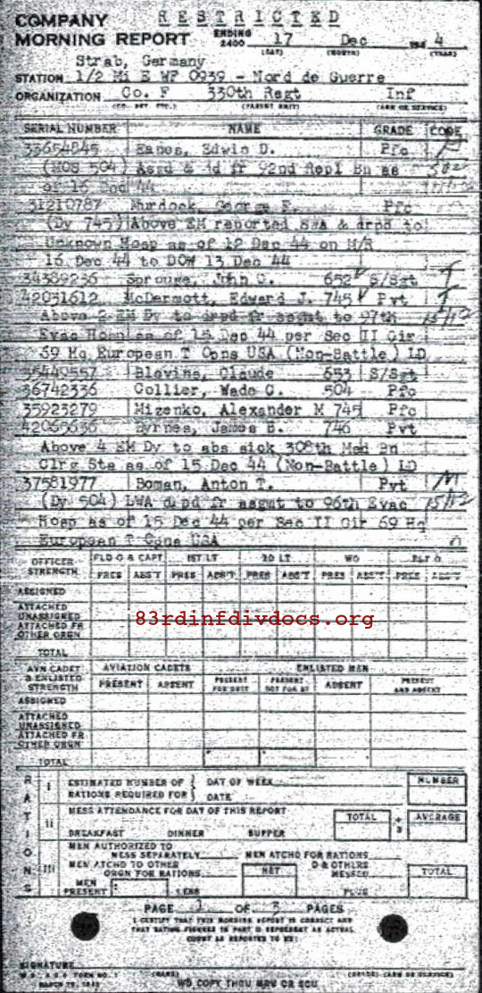Morning report F Co, 1944-12-17, page 1 Morning report
