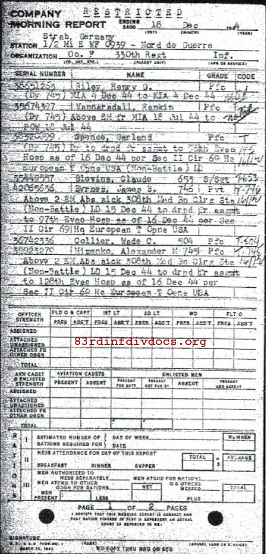 Morning report F Co, 1944-12-18, page 1 Morning report