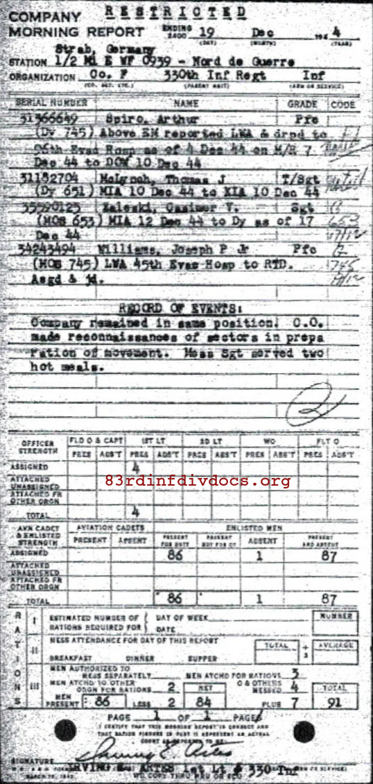 Morning report F Co, 1944-12-19, page 1 Morning report