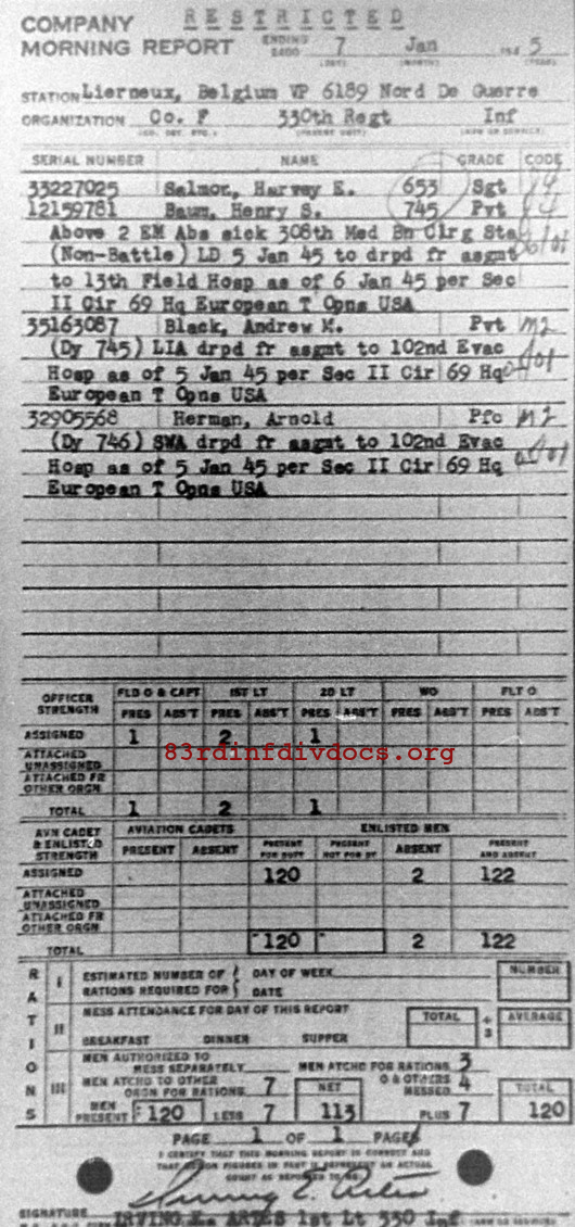 Morning report F Co, 1945-01-07, page 1 Morning report