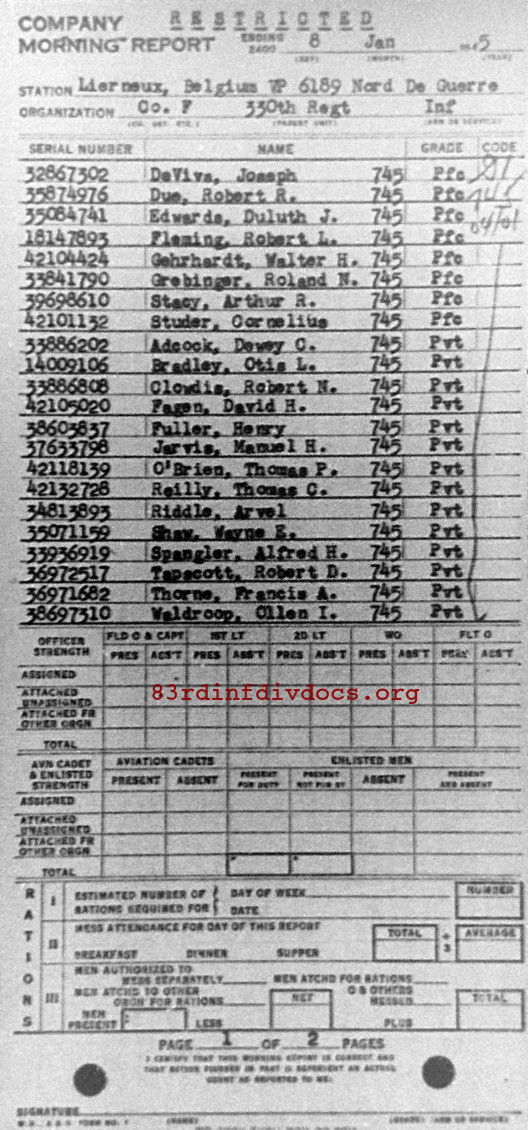 Morning report F Co, 1945-01-08, page 1 Morning report