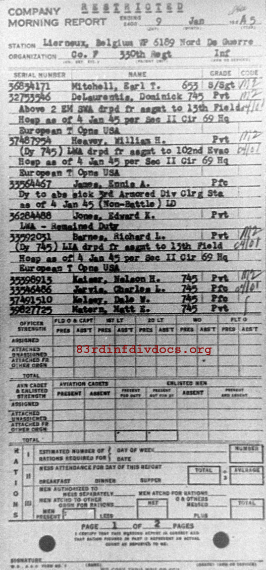 Morning report F Co, 1945-01-09, page 1 Morning report