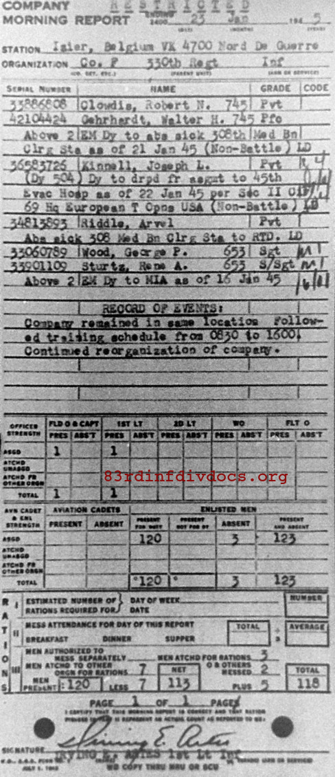 Morning report F Co, 1945-01-23, page 1 Morning report