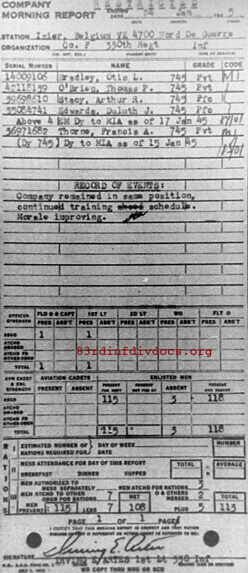 Morning report F Co, 1945-01-24, page 1 Morning report