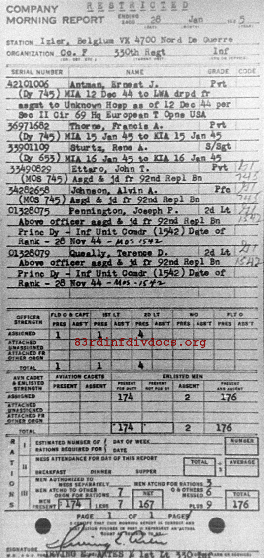Morning report F Co, 1945-01-28, page 1 Morning report