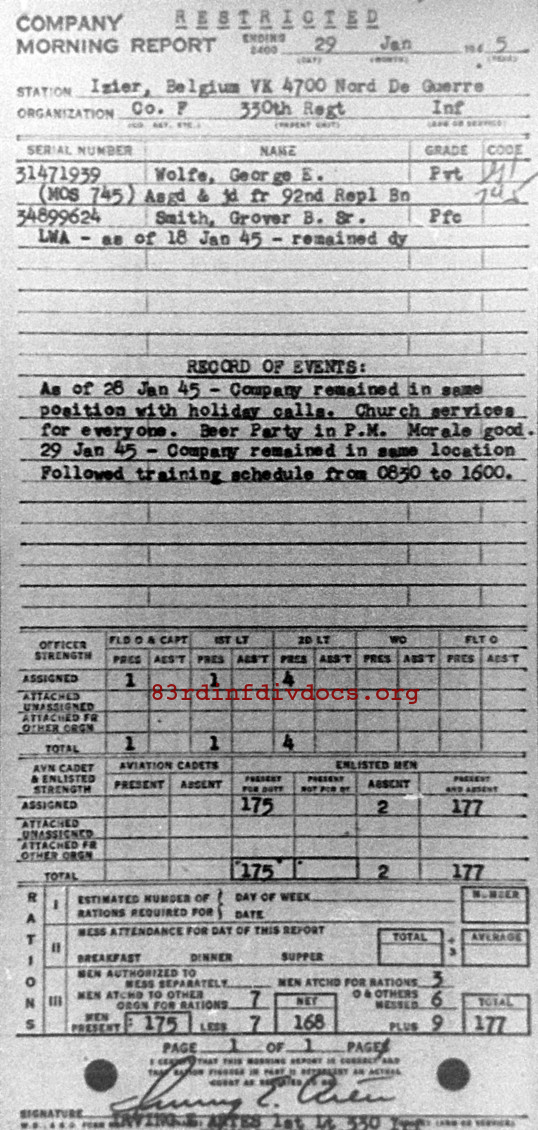 Morning report F Co, 1945-01-29, page 1 Morning report