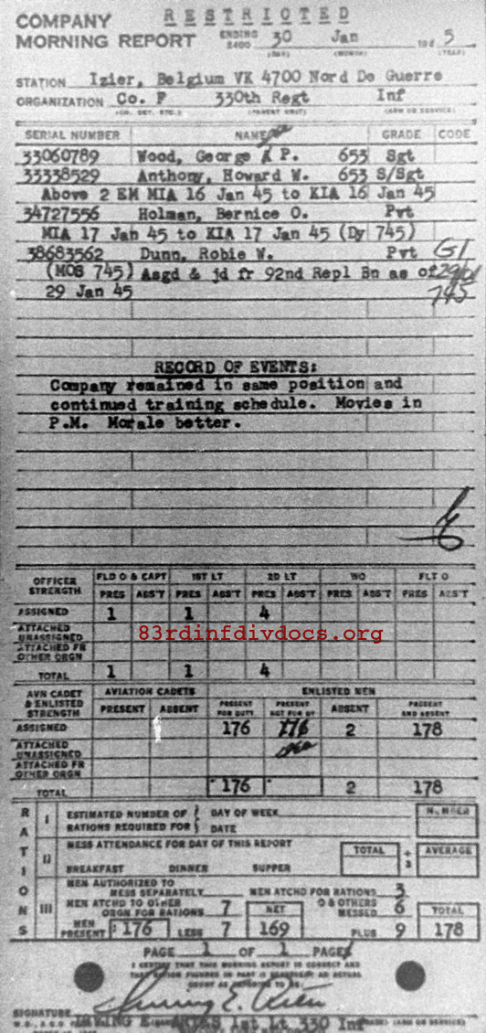 Morning report F Co, 1945-01-30, page 1 Morning report