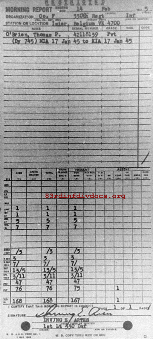 Morning report F Co, 1945-02-14, page 1 Morning report
