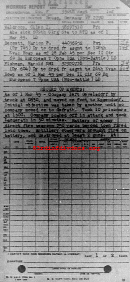 Morning report F Co, 1945-03-02, page 1 Morning report